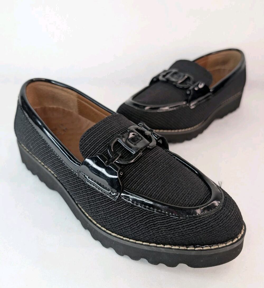 Donald Pliner Clio Black Patent Fabric Slipon Preppy Loafers Size 6